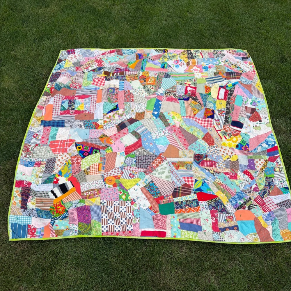 B+ Vintage Handmade Crazy Quilt Patchwork Multi Color Scraps Boho Folk Art 72x68